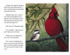 Chickadee & The Whale by Schiffer Publishing, Ltd.: Illustration of a small chickadee and a large red cardinal on a leafy branch, alongside a story page about their ocean conversation—ideal for wildlife education and young readers ages 5-8.