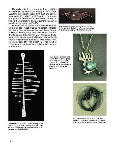 A magazine page features "Form & Function" by Schiffer Publishing, Ltd., with text and four images of modernist jewelry: an eye-shaped metal brooch, a silver abstract brooch, a turquoise-accented pendant, and a circular silver brooch.