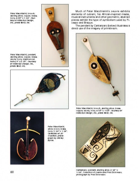 A collage of five art jewelry pieces by Peter Macchiarini, featured in "Form & Function" by Schiffer Publishing, Ltd., showcases sterling silver, brass, and ebony designs reflecting Macchiarini’s African-inspired modernist style and legacy.