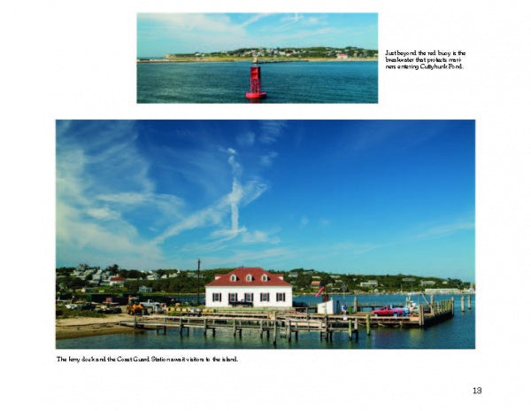 A red buoy floats by the shore as a white Coast Guard Station with a red roof stands by the dock—an iconic coastal view featured in *Harbors of Cape Cod & the Islands* from Schiffer Publishing, Ltd.