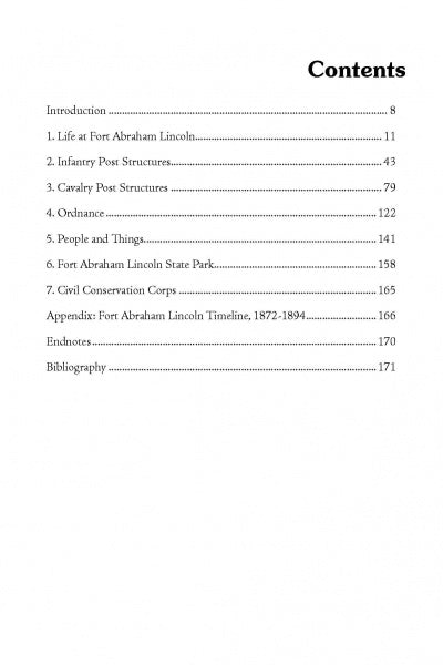 The Fort Abraham Lincoln book by Schiffer Publishing, Ltd. features a table of contents with sections like Introduction, chapters on Fort Abraham Lincoln and Custer, appendix, endnotes, and bibliography in a clean black font format.