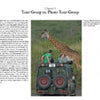 A safari vehicle group watches a giraffe in the grasslands, capturing the thrill of wildlife photography as explored in "The Traveling Nature Photographer" by Schiffer Publishing, Ltd., which compares tour groups and photo tour groups.