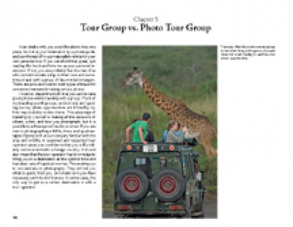 A safari vehicle group watches a giraffe in the grasslands, capturing the thrill of wildlife photography as explored in "The Traveling Nature Photographer" by Schiffer Publishing, Ltd., which compares tour groups and photo tour groups.