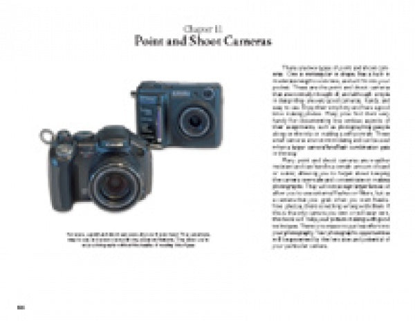On the left, two digital point-and-shoot cameras are shown. On the right, "The Traveling Nature Photographer" by Schiffer Publishing, Ltd. covers features and tips for using these cameras in wildlife photography adventures.