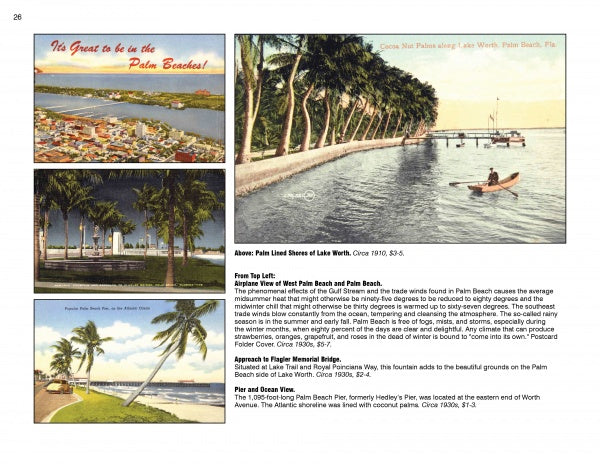 The "Greetings from Palm Beach, Florida, 1900-1960s" collage by Schiffer Publishing, Ltd. features vintage postcards with palm trees, shoreline, city scenes, a boat on a lake, and descriptive text from Palm Beach and West Palm Beach.