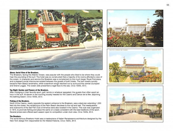 Greeting cards from Palm Beach, Florida, 1900-1960s by Schiffer Publishing, Ltd. showcase vintage postcards and images of The Breakers Hotel, highlighting its grand Italian Renaissance style and palm-lined surroundings.
