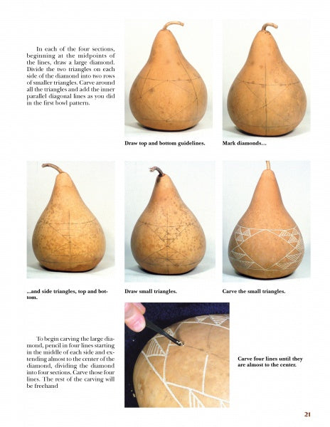 Schiffer Publishing, Ltd.'s "Chip-Carving Gourds" offers a step-by-step photo guide for beginners, showing how to draw guidelines, mark triangles, and chip-carve geometric patterns on gourds.