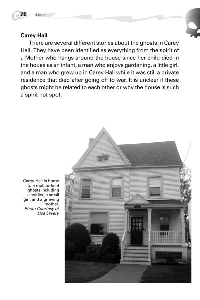 A black-and-white photo of a Victorian house. Text above features Albany ghost tales from "Ghosts of NY's Capital District" by Schiffer Publishing, Ltd., mentioning spirits of a mother, child, man, and girl at Carey Hall.