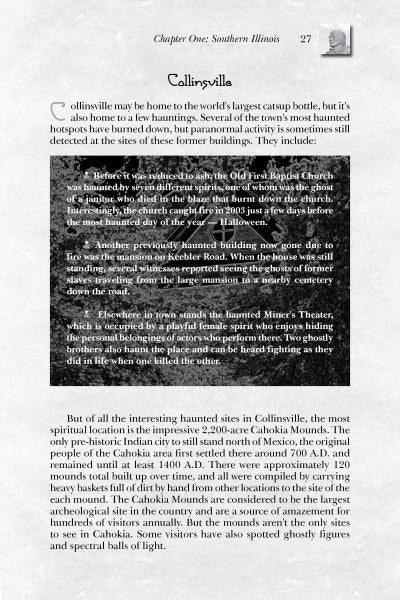 A page from Schiffer Publishing, Ltd.'s Ghosts of Springfield and Southern Illinois showcases chapter text on Illinois hauntings, paired with black-and-white photos of historic sites and faded overlays recounting eerie encounters like those at Lincoln Theater.