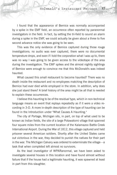 Page 37 of "Michigan's Haunted Nightlife" by Schiffer Publishing, Ltd. explores a restaurant’s possible haunting, mentioning EMF spikes, Michigan paranormal investigations, video evidence, and difficulties in confirming such claims.