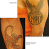 Ink in the Hood by Schiffer Publishing, Ltd. features two tattooed arms: one with an eagle on a shield, the other with a vivid red and orange scorpion, showcasing how striking and detailed tattoos can look on dark skin.