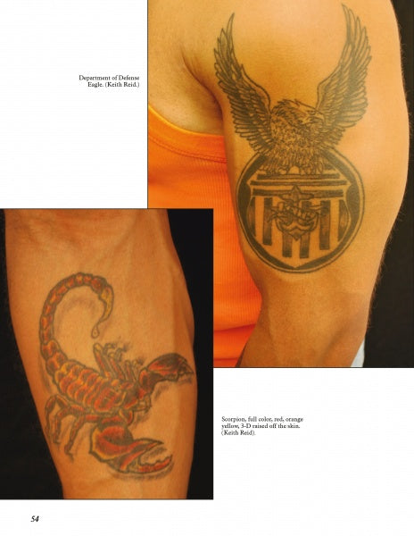 Ink in the Hood by Schiffer Publishing, Ltd. features two tattooed arms: one with an eagle on a shield, the other with a vivid red and orange scorpion, showcasing how striking and detailed tattoos can look on dark skin.