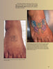 A photo from "Ink in the Hood" by Schiffer Publishing, Ltd. shows a faded butterfly tattoo on a foot and a vibrant cover-up, highlighting tattoo techniques and visibility issues for people of color.