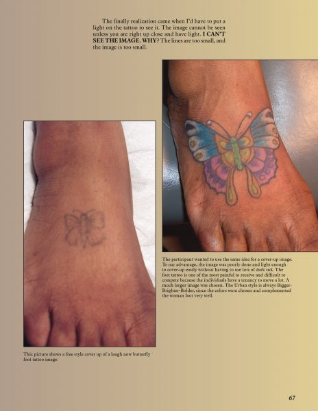 A photo from "Ink in the Hood" by Schiffer Publishing, Ltd. shows a faded butterfly tattoo on a foot and a vibrant cover-up, highlighting tattoo techniques and visibility issues for people of color.
