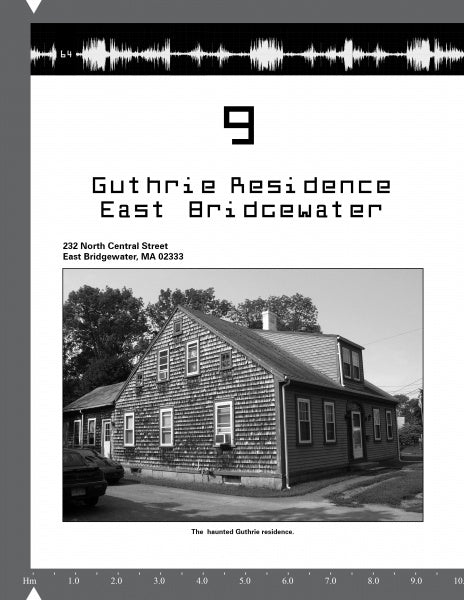 A black-and-white photo shows a shingle-sided house with several windows. The page header reads EVP: Electronic Voice Phenomenon by Schiffer Publishing, Ltd., captioned as a famed haunted Massachusetts residence.