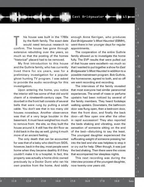 A black-and-white magazine page about the ghosts of Massachusetts features an article on EVP: Electronic Voice Phenomenon by Schiffer Publishing, Ltd., with two columns, a section header, soundwave graphic on top, and page number 55 in the top right.