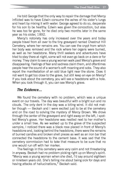 A scanned page from Schiffer Publishing, Ltd.'s "Rhode Island's Spooky Ghosts and Creepy Legends" explores Mercy's notoriety, vampire legends, and a cemetery search for her grave, sharing eerie findings and Rhode Island haunting tales.