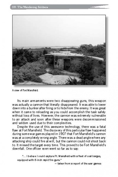 A black and white photo of Fort Mansfield, with arched concrete ruins among trees, illustrates “Rhode Island’s Spooky Ghosts and Creepy Legends” by Schiffer Publishing, Ltd., featuring tales of disappearing guns, military history, and local hauntings.