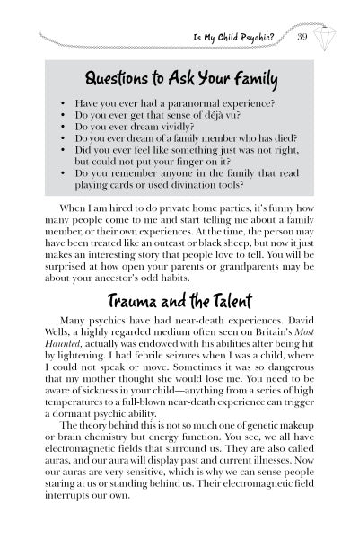 A page from "Raising Indigo, Crystal, & Psychic Kids" by Schiffer Publishing, Ltd. features “Questions to Ask Your Family” about paranormal experiences and “Trauma and the Talent” on near-death experiences and psychic abilities in Indigo children.