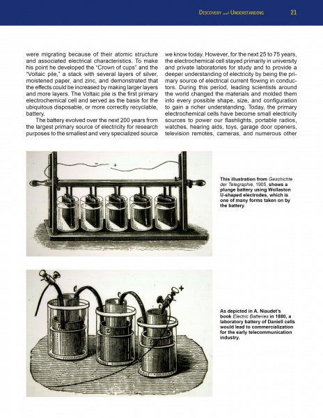 A page from "The Hybrid Electric Home" by Schiffer Publishing, Ltd. features text and vintage images of early batteries, highlighting their role in advancing renewable energy and efficient electricity generation.