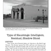 A black-and-white photo shows the Bird Cage Theatre with arched doorways and a sign. Text below, from Schiffer Publishing’s "Southern Arizona's Most Haunted," details its haunted history: Intelligent, Residual, and Shadow Ghost hauntings.