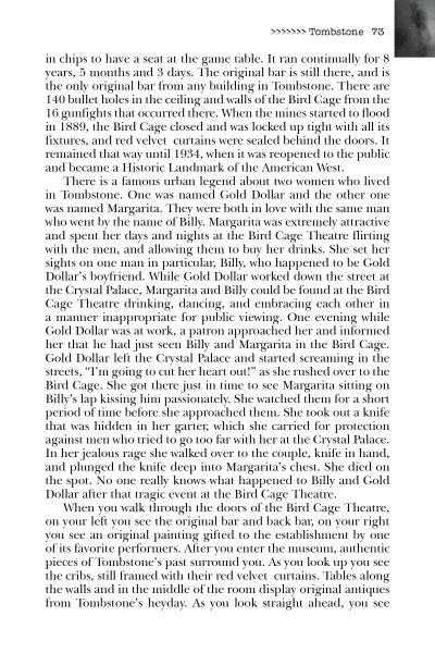 A page from "Southern Arizona's Most Haunted" by Schiffer Publishing, Ltd. details the Bird Cage Theatre’s history, famous visitors, eerie Tombstone hauntings, and its transformation from saloon to historical landmark.