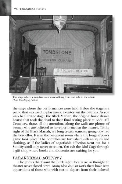 A black-and-white photo of the Bird Cage Theatre stage in Tombstone, Arizona, featured in "Southern Arizona's Most Haunted" by Schiffer Publishing, Ltd. The sign reads TOMBSTONE WONDERFUL CLIMATE—BIRD CAGE THEATRE, with curtains framing the haunted scene.