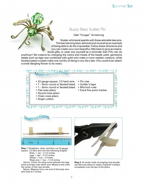 Mixed Media Jewelry Techniques by Schiffer Publishing, Ltd. features a beaded bee pin with green wings displayed above step-by-step instructions, materials list, and photos of wire and pliers for unique jewelry creation.