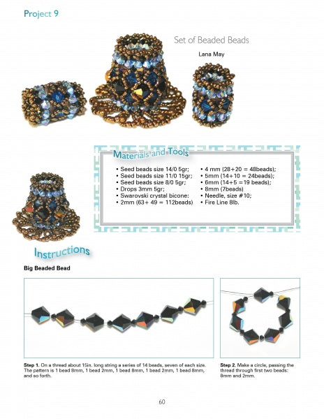 Mixed Media Jewelry Techniques by Schiffer Publishing, Ltd. offers a craft instruction page with beaded bead sets in blue, gold, and black, a materials list, and illustrated step-by-step jewelry assembly instructions.