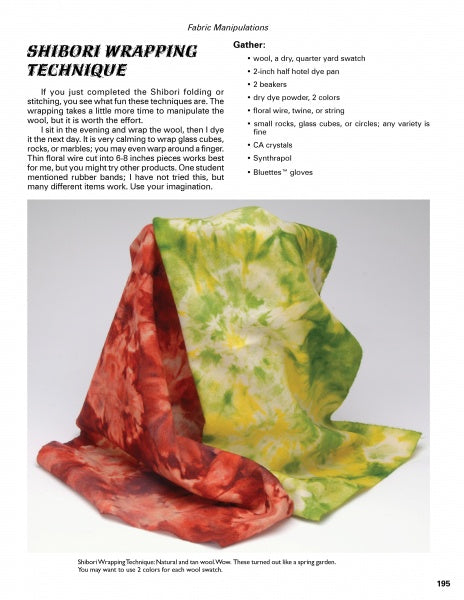 Dyeing Wool by Schiffer Publishing, Ltd. is shown on a white surface with text instructions and a materials list for textile dyeing projects using natural fiber fabrics.