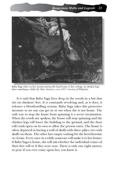 Page from Schiffer Publishing, Ltd.'s book Haunted Closets, showing Baba Yaga riding her mortar and pestle, her chicken-legged cottage nearby, and text connecting the Baba Yaga myth to sleep disorders and chilling paranormal cases.