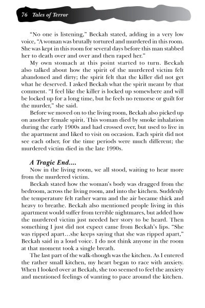 A page from Schiffer Publishing, Ltd.’s book Haunted Closets features a chilling paranormal story about a murdered woman’s spirit, with narration, dialogue, a section called A Tragic End..., and black text on a white background.