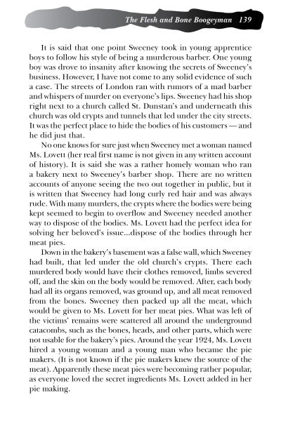 A page from "Haunted Closets" by Schiffer Publishing, Ltd. explores the legend of Sweeney Todd, describing chilling rumors of underground crypts and how human remains were allegedly baked in Mrs. Lovett’s pies.