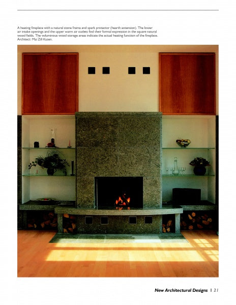 Schiffer Publishing, Ltd.'s Fireplaces features a stone-framed modern fireplace with black firebox, flanked by tall wooden cabinets and white shelves with ceramics. Stacks of firewood below add both style and function for design inspiration.