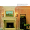 A grand stone Schiffer Publishing, Ltd. Fireplace with a painting above and wall sconces on each side, set in a salmon-walled room with patterned tile floor, decorative folding screen, and a life-sized horse sculpture.