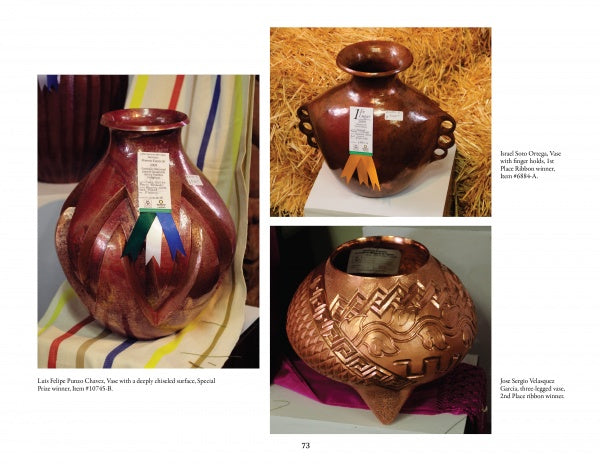 Three clay pots inspired by hammered copper vessels, from the "Mexican Arts Series: Hammered Copper" by Schiffer Publishing, Ltd., are displayed with prize ribbons: blue (left), and white (on straw) and red (right).