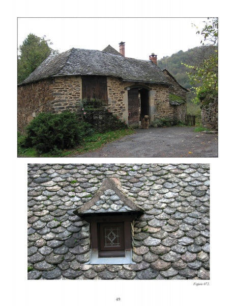 Two images from Stone in Traditional Architecture by Schiffer Publishing, Ltd.: the upper shows a rustic stone cottage with shingle roof and lush surroundings; the lower features a close-up of its textured stone-tiled roof with a small window.