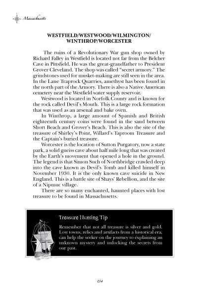 A page from "More Lost Loot" by Schiffer Publishing, Ltd. features info on Revolutionary War sites in Massachusetts, a black-and-white tip box on haunted treasure, and a Massachusetts state icon in the top left corner.