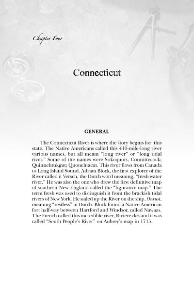 A book page from "More Lost Loot" by Schiffer Publishing, Ltd., featuring a Connecticut section titled GENERAL, explores the river’s history, Native American names, explorers, settlements, maps, and ghost towns on a river-and-canoe background.