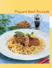 A plate of piquant beef roulade on noodles, garnished with fresh herbs, is featured alongside a small dish of mustard sauce. "Cooking with Mustard" by Schiffer Publishing, Ltd. celebrates unique mustard varieties in flavorful dishes.