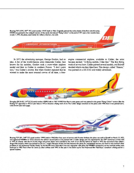 A page from Schiffer Publishing, Ltd.’s "Colorful Aircraft" displays three vividly illustrated airplanes, each featuring distinctive airline liveries and branding from various years and international carriers.