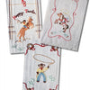 Cowboy Textiles from Schiffer Publishing, Ltd. features three embroidered cloths: one with “Happy Trails” and a cowboy on a rearing horse, another with two cowboys riding, and the third showing a lasso-swinging cowboy—ideal for vintage textile fans.