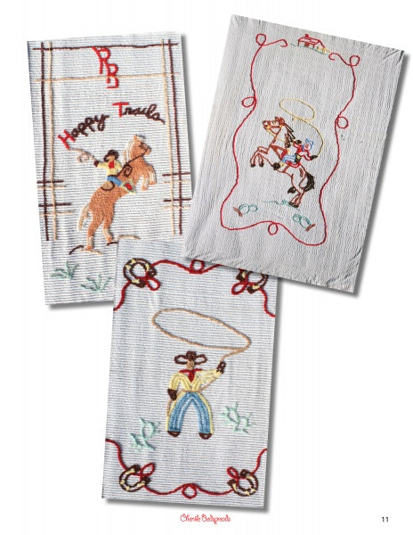 Cowboy Textiles from Schiffer Publishing, Ltd. features three embroidered cloths: one with “Happy Trails” and a cowboy on a rearing horse, another with two cowboys riding, and the third showing a lasso-swinging cowboy—ideal for vintage textile fans.