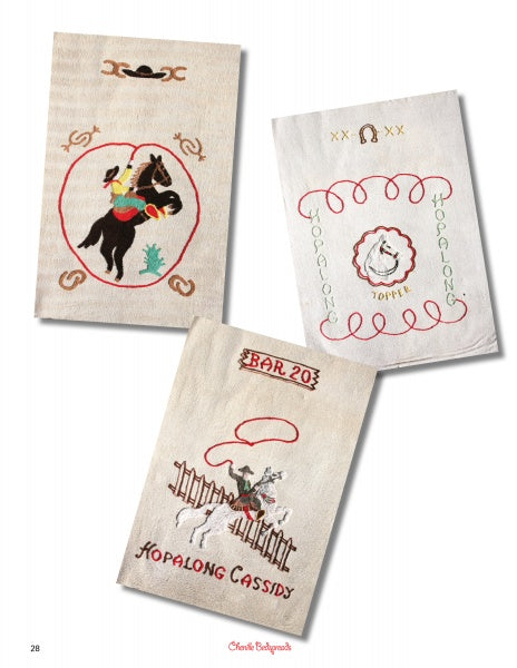 Cowboy Textiles by Schiffer Publishing, Ltd. features three embroidered cloths with vintage Western designs—a cowboy on a horse, a sheriff's badge reading “Hopalong Toffee,” and a cowboy roping a calf with “Hopalong Cassidy” and “BAR 20.”.