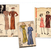 A Century of Fashion by Schiffer Publishing, Ltd. showcases women's 1930s and 1940s dress styles, featuring plaid, floral, and solid designs with detailed illustrations and models on each vintage pattern envelope cover.