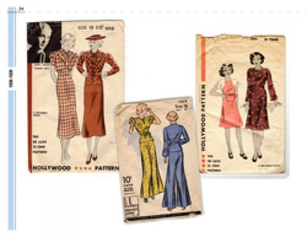 A Century of Fashion by Schiffer Publishing, Ltd. showcases women's 1930s and 1940s dress styles, featuring plaid, floral, and solid designs with detailed illustrations and models on each vintage pattern envelope cover.