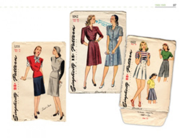 Three vintage dress pattern envelopes from "A Century of Fashion" by Schiffer Publishing, Ltd. showcase 1940s women’s styles—puffed sleeves, tailored skirts, blouses—with pairs of models illustrating the era’s distinctive looks.