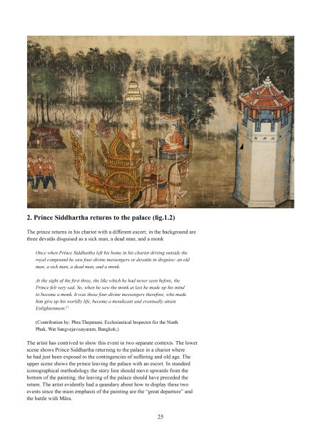 A scene from "Thai & Southeast Asian Painting" by Schiffer Publishing, Ltd. depicts Prince Siddhartha in a royal chariot, attendants beside him, and three deities in the background as a sick man, an old man, and a corpse.