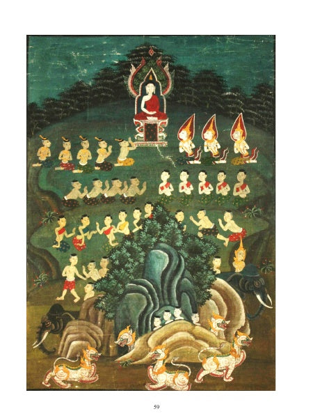 The "Thai & Southeast Asian Painting" by Schiffer Publishing, Ltd. showcases a central figure on a lotus throne with a halo, monks, and mythical animals in a lush landscape—reflecting traditional Southeast Asian religious art.
