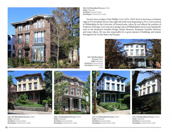 A collage from "Historic Architecture in West Philadelphia, 1789-1930s" by Schiffer Publishing, Ltd. displays six historic houses with brick and white facades, large windows, ornate details, trees, and captions noting addresses and history.